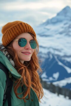 woman sunglasses hat snowy mountain long orange hair influencer lenses french facial features still tv series girl zeiss princess aviators