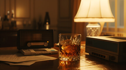 Cinematic wide angle photograph of a whisky glass on a desk by a 90s cassette player. Product photography. Advertising.