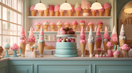 A whimsical ice cream shop display with colorful scoops, waffle cones, and toppings, 