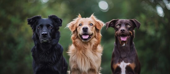 Three dogs, belonging to different breeds, are attentively sitting together and gazing at the camera.
