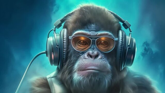 stylish monkey in headphones on colorful background blurred in bokeh. Generative AI
