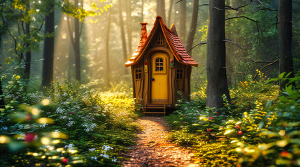 Enchanted Forest House, Fairy Tale Lanterns Lighting Up a Magical Autumn Setting