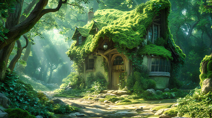 Enchanted forest scene with a mystical house, inviting into a world of fairy tales and imagination