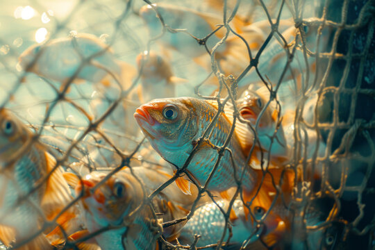 Fishes in the fishing net, lots of fish.