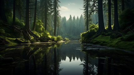 A winding river cutting through a dense forest,  - obrazy, fototapety, plakaty
