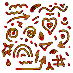 Set of brightly colored abstract design elements, hearts, arrows, dots, dots, stripes, hand-drawn doodles	