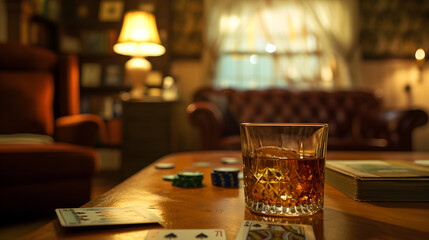 Cinematic wide angle photograph of a whisky glass on a card game in a livingroom. Product...