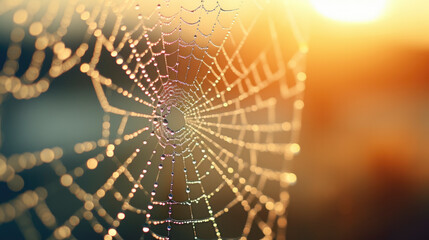 Macro view of a spider's web with morning dew and rising Sun in the background - obrazy, fototapety, plakaty