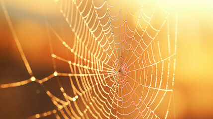 Macro view of a spider's web with morning dew and rising Sun in the background - obrazy, fototapety, plakaty