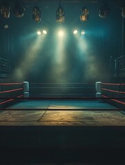 An empty boxing ring in a gym under a spotlight, conveying anticipation and the silent preparation before a fight or training session. - obrazy, fototapety, plakaty
