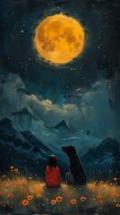 dog girl sitting field flowers orange night sky moonlight snowing worry mountains reflection moon connecting life traveler high snow black blue yellow wonder devotion star chart standing mountain