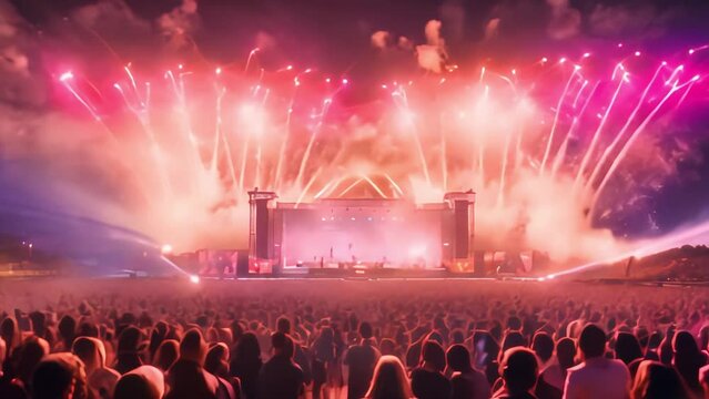 concert stage with colorful fireworks, a crowd of people standing in front of the stage. the atmosphere of celebration and joyful event. Generative AI