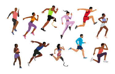 Fototapeta na wymiar Runners set. Male and female athletes running. Healthy active lifestyle. Maraphon, Sprint, jogging, warming up. Sport, fitness design, flat style vector illustrations isolated on white background.