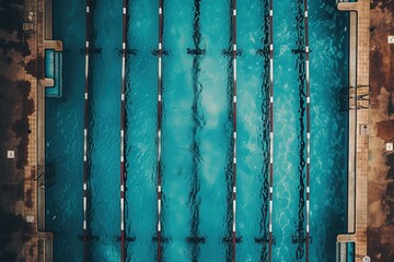 An overhead shot of a swimming pool within a gym, lanes ready for laps, emphasizing the tranquility of water-based workouts.