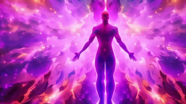 silhouette of a man with a flickering aura on the background. energetic fields and esotericism. cognition of the self. Generative AI