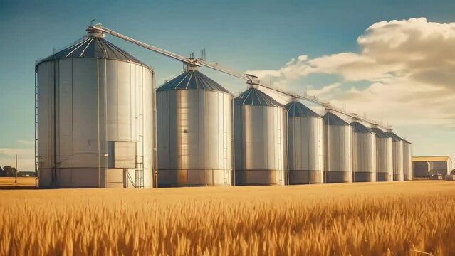 Metal barns in a field with wheat. agricultural production. harvesting. Generative AI