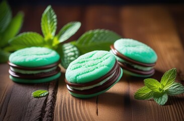 St. Patrick's Day, traditional Irish pastries, national Irish cuisine, mint cookies with chocolate filling, chocolate dessert, mint cream. mint leaves
