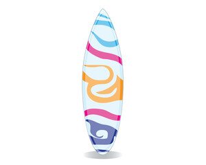 vector design of a surfboard that is usually used by surfers to follow the current of the ocean waves with colorful symbols carved on the body of the surfboard