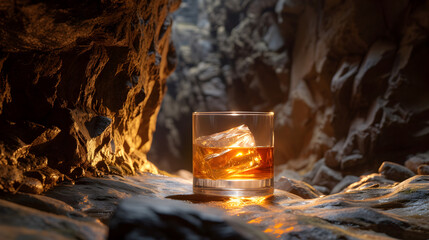 Cinematic wide angle photograph of a whisky glass inside a rock cave. Product photography. Advertising.