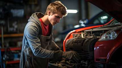 Obraz na płótnie Canvas Young car mechanic apprentice. Dark garage, fixing engine, Youth employment