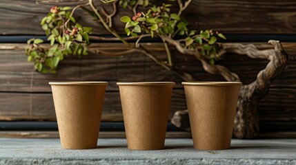 Green concept: Close-up view of eco-friendly cups on a concrete and wooden surface. Ecology mock-up with ample copy space.