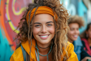 Portrait of beautiful young white woman hipster with hairstyle with dreadlocks looking at camera...