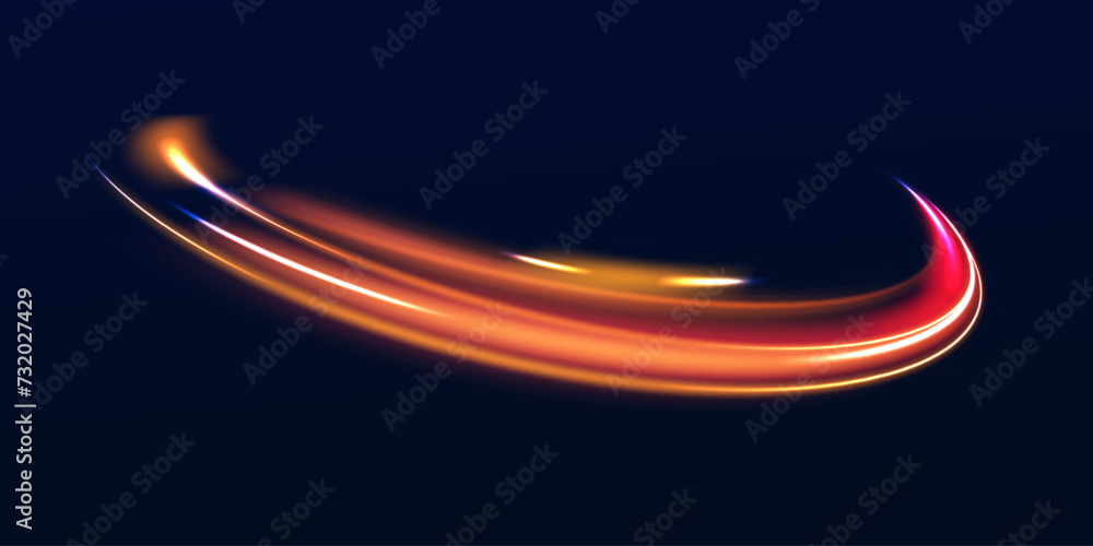 Poster Curved light trail stretched upward.Lines in the shape of a comet against a dark background. Particle motion light effect. Abstract fire flare trace lens flares. Car motion trails