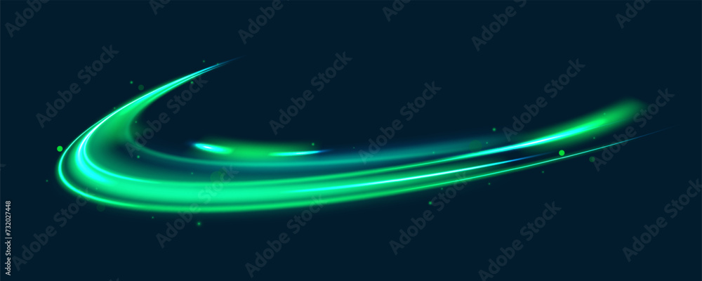 Poster Curved light trail stretched upward.Lines in the shape of a comet against a dark background. Particle motion light effect. Abstract fire flare trace lens flares. Car motion trails