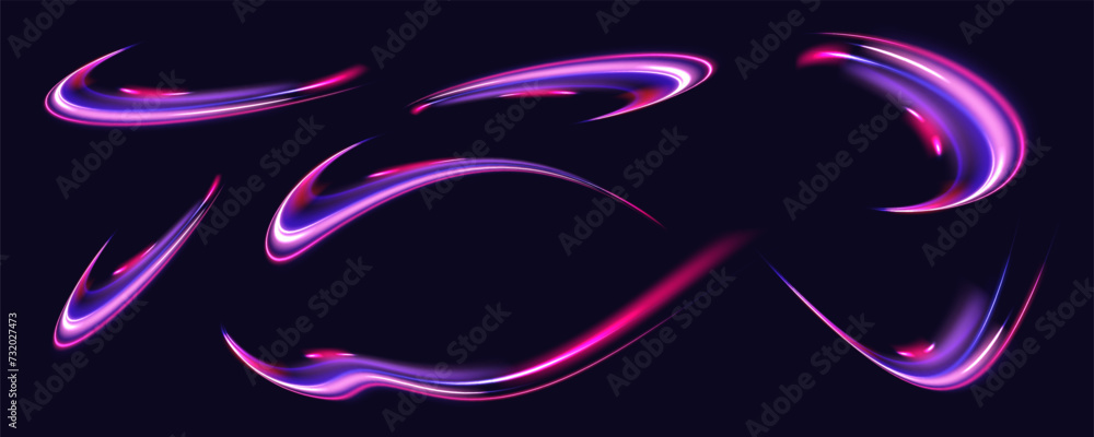 Poster Abstract energy in the form of stripe, arc, curl and zigzag in neon colors with light effect. и Acceleration speed motion on night road. Bright sparkling background