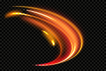 Curved light trail stretched upward.Lines in the shape of a comet against a dark background. Particle motion light effect. Abstract fire flare trace lens flares. Car motion trails © Alesya