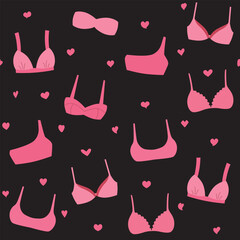 Vector pattern with pink bras on a black background