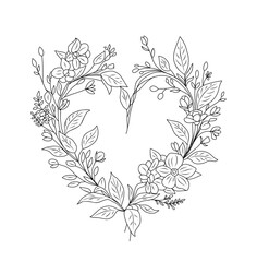 Floral frame heart with rose flowers and eucalyptus leaves line art drawing. Design element for wedding invitation , valentines day greeting card. Vector ink sketch illustration isolated.