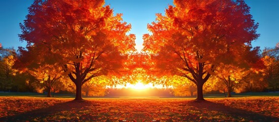 Autumn sunset illuminates both sides of maple trees. - Powered by Adobe