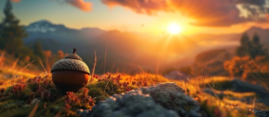At sunset, an acorn rests on a rock amidst natural landscape, under a sky filled with cumulus clouds, creating a tranquil landscape. - obrazy, fototapety, plakaty