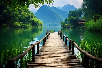 A bamboo bridge leading into the lake side of the hill