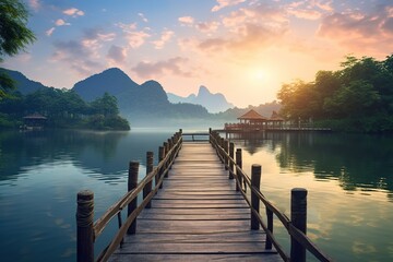 A bamboo bridge leading into the lake side of the hill - obrazy, fototapety, plakaty
