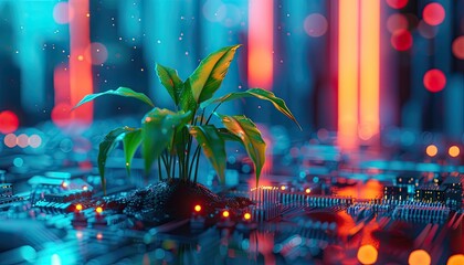 A plant with green leaves is sprouting from a circuit board of a computer. Handled by human hands. Generated by AI