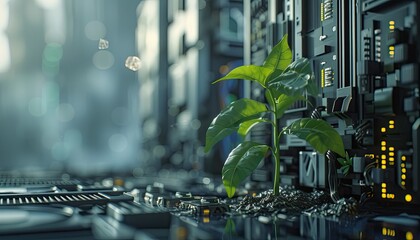 Growing green plants in the server room. Handled by human hands. Generated by AI - obrazy, fototapety, plakaty