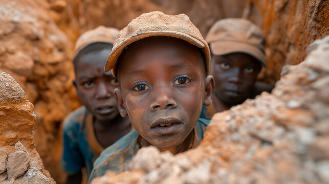 Niños tabajando en una mina en el corazón de Africa. Ejemplo de explotación infantil. 