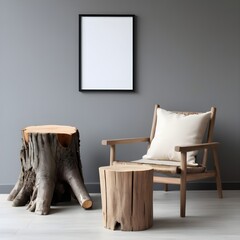 lounge chair and wood stump side table with empty blank mock up frame - Rustic minimalist home interior