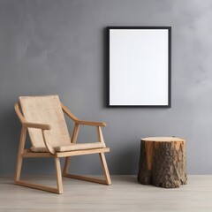 lounge chair and wood stump side table with empty blank mock up frame - Rustic minimalist home interior