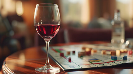 Cinematic wide angle photograph of red wine glass on a monopoly game table. Product photography. Advertising.