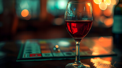 Cinematic wide angle photograph of red wine glass on a monopoly game table. Product photography. Advertising.