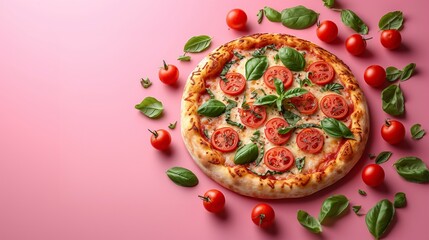 Pizza on a pink background top view