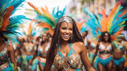 pretty woman celebrate carnival with dancing and wearing bright vivid festive outfit decorated with feathers, Generative Ai - 732029451