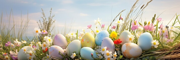 Easter-themed pastel colored eggs and spring flowers design with delicate nestled arrangement