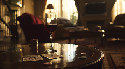 Cinematic wide angle photograph of red wine glass on a card game in a livingroom. Product...