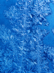 Frost patterns on a window in winter day (blue background)