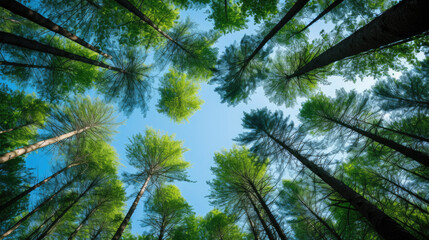 Obraz premium Nature’s Canopy: A breathtaking view of lush green treetops converging against the clear blue sky, encapsulating the tranquility and beauty of the forest