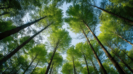 Obraz premium Nature’s Canopy: A breathtaking view of lush green treetops converging against the clear blue sky, encapsulating the tranquility and beauty of the forest